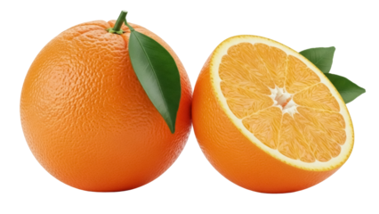 Fresh orange fruit and half isolated PNG on transparent background, vibrant citrus with green leaves for healthy eating and vitamin C