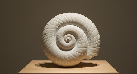 Obraz premium A spiral shell sculpture displayed on a wooden stand against a neutral background showcasing its intricate form