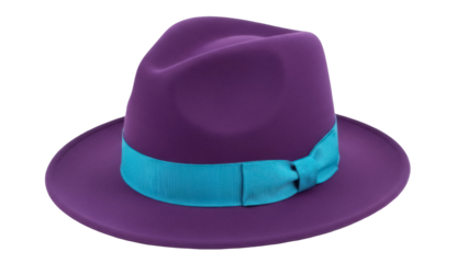 Purple fedora hat with blue ribbon isolated PNG, stylish headwear for fashion accessory and costume design on transparent background