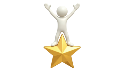 3D stick figure standing on a golden star PNG isolated on transparent background, success and achievement concept