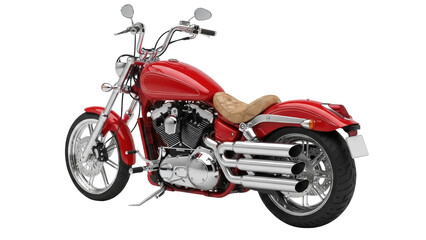 Red custom motorcycle PNG isolated, classic chopper motorbike with chrome exhaust pipes on transparent background, vehicle for transportation © PICSPRO