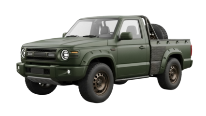 Olive green pickup truck PNG isolated on transparent background, off-road vehicle for adventure and transportation