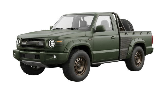 Olive green pickup truck PNG isolated on transparent background, off-road vehicle for adventure and transportation