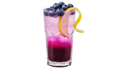 Refreshing blueberry cocktail isolated PNG with lemon twist on transparent background, summer drink for party and celebration