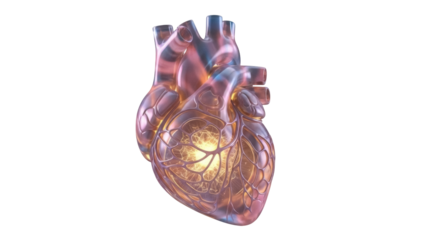 Anatomical heart model isolated PNG on transparent background, detailed medical visualization for educational and healthcare purposes