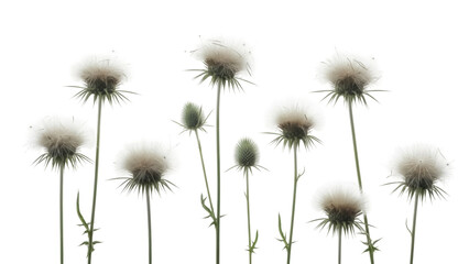 Elegant thistle flowers PNG isolated on transparent background, spiky plants with fluffy seed heads for nature designs and botanical compositions