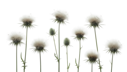 Elegant thistle flowers PNG isolated on transparent background, spiky plants with fluffy seed heads for nature designs and botanical compositions