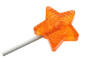 Orange star-shaped lollipop isolated PNG on transparent background, sweet candy treat for kids and party favors