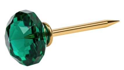 Emerald green faceted gem push pin isolated PNG, decorative tack with gold tone metal for bulletin boards and crafts