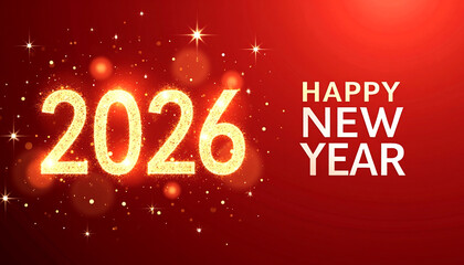 Sparkling golden happy new year 2026 text on a vibrant red background