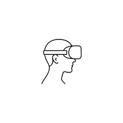 Obraz premium Line Icon of Person Wearing VR Headset Black-and-white line drawing of a person in profile view wearing a virtual reality headset with a strap. Stylized and minimal.