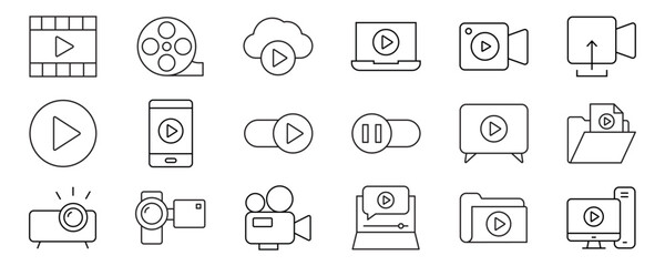 Video icon set. Containing camera, play, pause, media, online video, live, production, player, movie and cinema icons. Solid icon collection.