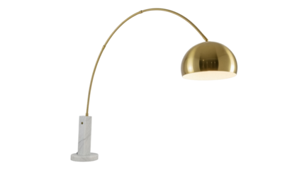 Elegant gold arc floor lamp isolated PNG, modern lighting fixture with marble base for interior design and home decor