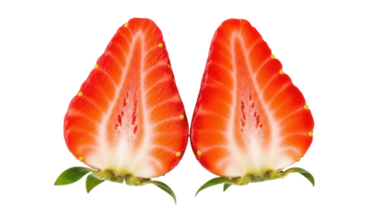 Two strawberry halves isolated PNG on transparent background, fresh red fruit cut in half with seeds for healthy eating and summer dessert