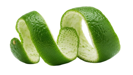 Lime peel curl isolated PNG on transparent background, vibrant green citrus zest garnish for cocktails and culinary decoration