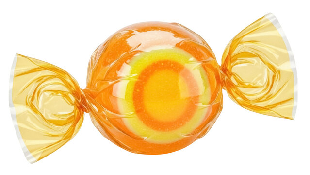 Orange and yellow candy in wrapper isolated PNG, hard candy sweet treat on transparent background for confectionery and holiday designs