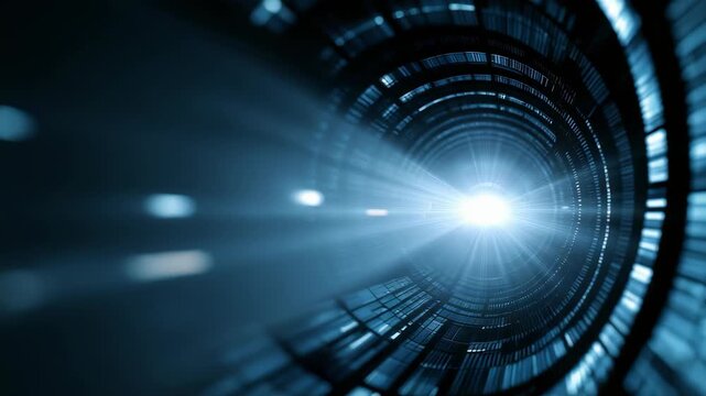 Futuristic tunnel with glowing blue lights and radiant beams creates a sense of speed and technological advancement. Abstract digital corridor symbolizes innovation and progress