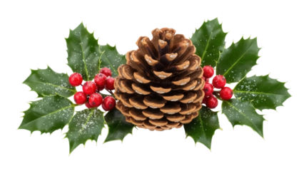 Pine cone with holly and berries PNG isolated on transparent background, Christmas decoration element for festive designs