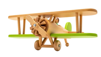 Wooden toy biplane with pilot isolated PNG, vintage style airplane model for kids room decor and educational play on transparent background © James
