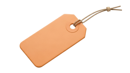 Blank orange tag isolated PNG with string, price label for retail and product identification, on transparent background
