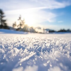 Close up of ice crystals on snow with sunlit sky
