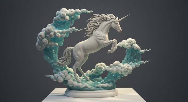 A white unicorn statue leaps surrounded by stylized clouds with a blue glossy glaze