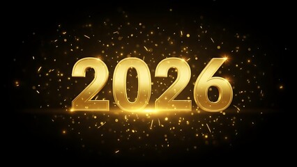 A shimmering golden representation of the year 2026 is prominently displayed against a dark backdrop with sparkling particles suggesting celebration high quality