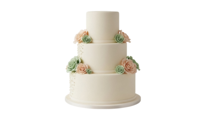 Elegant three-tiered wedding cake PNG isolated, decorated with pastel roses and delicate pearl details for celebration designs