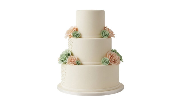 Elegant three-tiered wedding cake PNG isolated, decorated with pastel roses and delicate pearl details for celebration designs