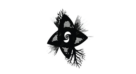 Mysterious celestial symbol with organic, fractal-like branches against a stark white background.