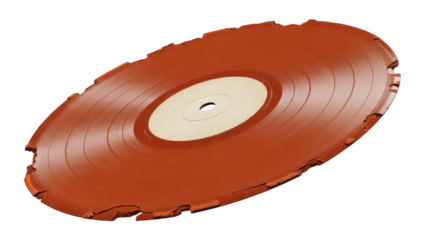 Damaged orange vinyl record PNG isolated on transparent background, vintage music disc with cracks and wear for retro design projects