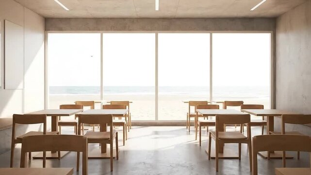 Empty Beachside Cafe Interior With Rows Of Wooden Tables And Chairs Overlooking Bright Ocean Horizon