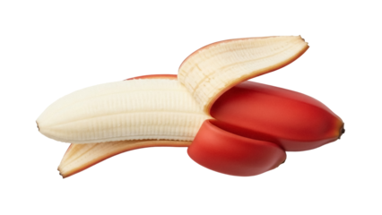 Red Dacca banana partially peeled isolated PNG, vibrant tropical fruit with sweet flavor on transparent background, healthy snack