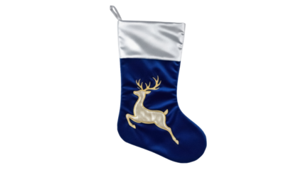 Elegant blue Christmas stocking with golden reindeer isolated PNG, festive holiday decoration for fireplace and seasonal cheer