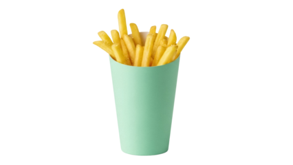 French fries in a light green paper cup isolated PNG, crispy golden potato snack on transparent background for fast food menus