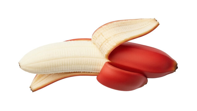 Red Dacca banana partially peeled isolated PNG, vibrant tropical fruit with sweet flavor on transparent background, healthy snack