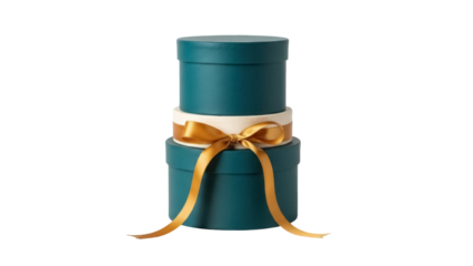 Stack of three round gift boxes with gold ribbon isolated on transparent PNG, present packaging for birthdays and special occasions