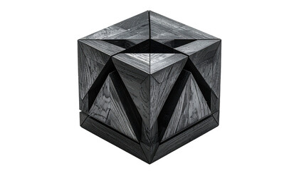 Geometric wooden cube with intricate angular facets and textures
