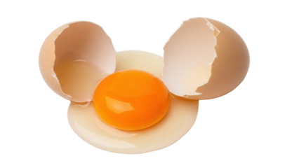 Cracked egg with yolk isolated PNG, broken shell and egg white on transparent background, cooking ingredient for breakfast and baking