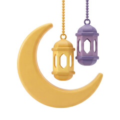 Ramadan Kareem Golden Crescent Moon with Hanging Lanterns