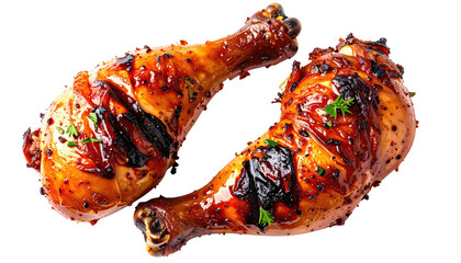 Two grilled chicken legs, beautifully browned and sprinkled with herbs