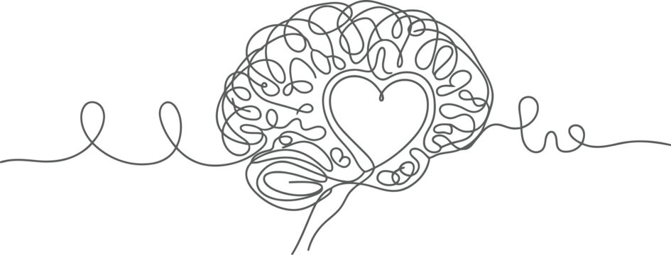 Heart and brain connection symbolizing love and thought continuous line art