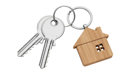 House keys and wooden house keychain isolated PNG, real estate concept for home ownership and property investment on transparent background