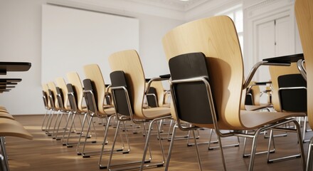 Empty modern lecture hall or seminar room with rows of wooden chairs and a blank projection screen