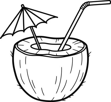 Hand drawn sketch of a refreshing coconut drink with a straw and umbrella
