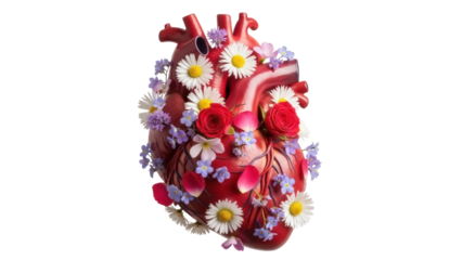 Anatomical heart with flowers isolated PNG, romantic love concept for Valentine s Day and medical design projects on transparent background