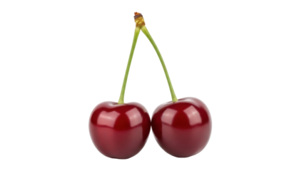 Two ripe red cherries isolated PNG, fresh sweet fruit with green stems on transparent background, healthy snack for summer