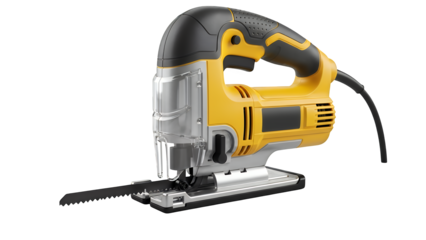 Jigsaw isolated on transparent background, a versatile power tool for various cutting tasks, viewed from the side