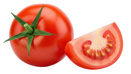 Fresh red tomato and slice isolated PNG, juicy whole fruit and cut piece on transparent background for healthy eating and cooking