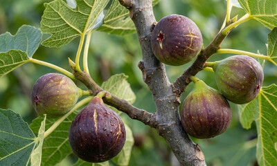 Fresh Purple Figs Ripening On Branch